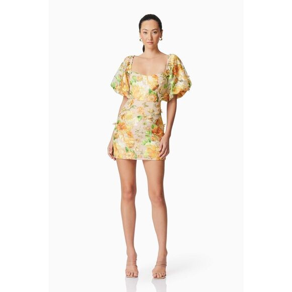 Elliatt Aella Puff Sleeve Mini Dress Yellow Wedding Guest cocktail size S NWT - Picture 5 of 7